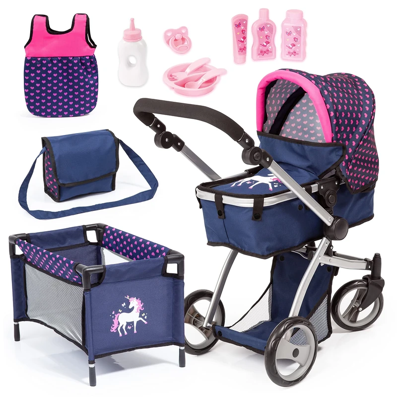 Bayer Design 18354AC Huge pram Jogger Sport, Dolls Stroller, Height Adjustable, Mega Set with Lots of Accessories, Travel Bed, Shoulder Bag and Much More,Blue, Pink, Unicorn,67x 36 x 74 cm