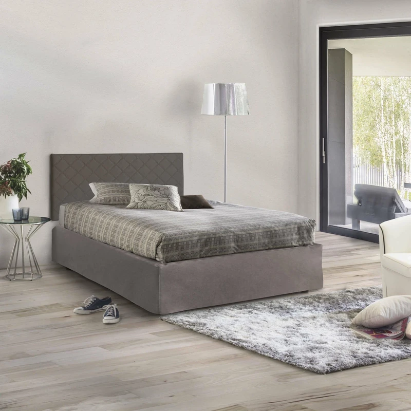Talamo Italia - Square and a half bed Cleide, Headboard set in faux leather with orthopedic base and valance, 100% Made in Italy, with mattress included, Cm 120x190, Dove-gray