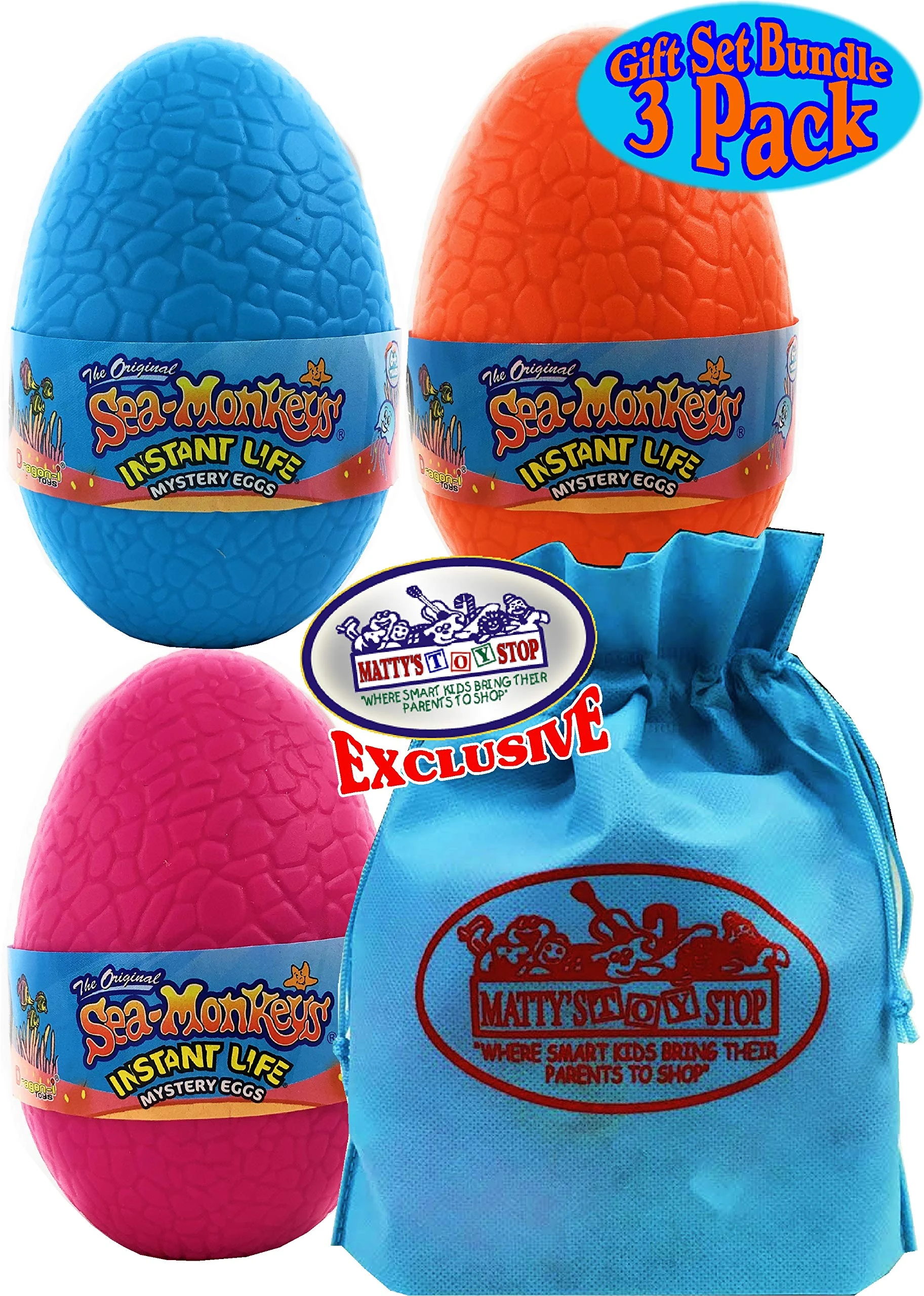 Schylling Sea-Monkeys Instant Life Mystery Eggs Blue, Pink & Orange Gift Set Bundle with Bonus Matty's Toy Stop Storage Bag - 3 Pack