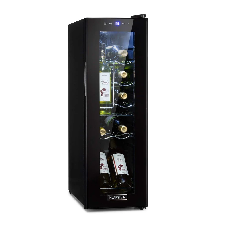 KLARSTEIN Free-standing Wine Cooler Fridge, Single Zone Wine Fridge with Glass Door, 32L Slimline Drinks for Home Pub, Indoor/Outdoor Bar Fridge, 12 Bottles