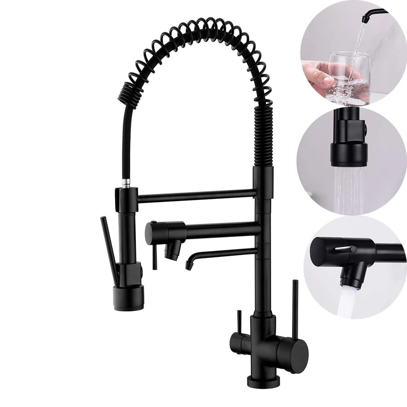 Delle Rosa Kitchen Faucet, 3 Way Drinking Water Faucet, Modern Kitchen Faucet with Pull Down Sprayer, Dual Handles Kitchen Sink Faucet,3 in 1 High Arc Water Filter Purifier Faucets Matte Black