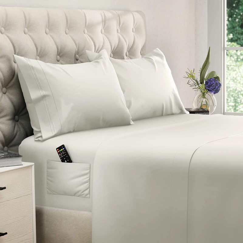 DREAMCARE King Size Deep Pocket Bed Sheet Set - 4 Piece King Bedding Set with Bonus Side Pocket, Ivory