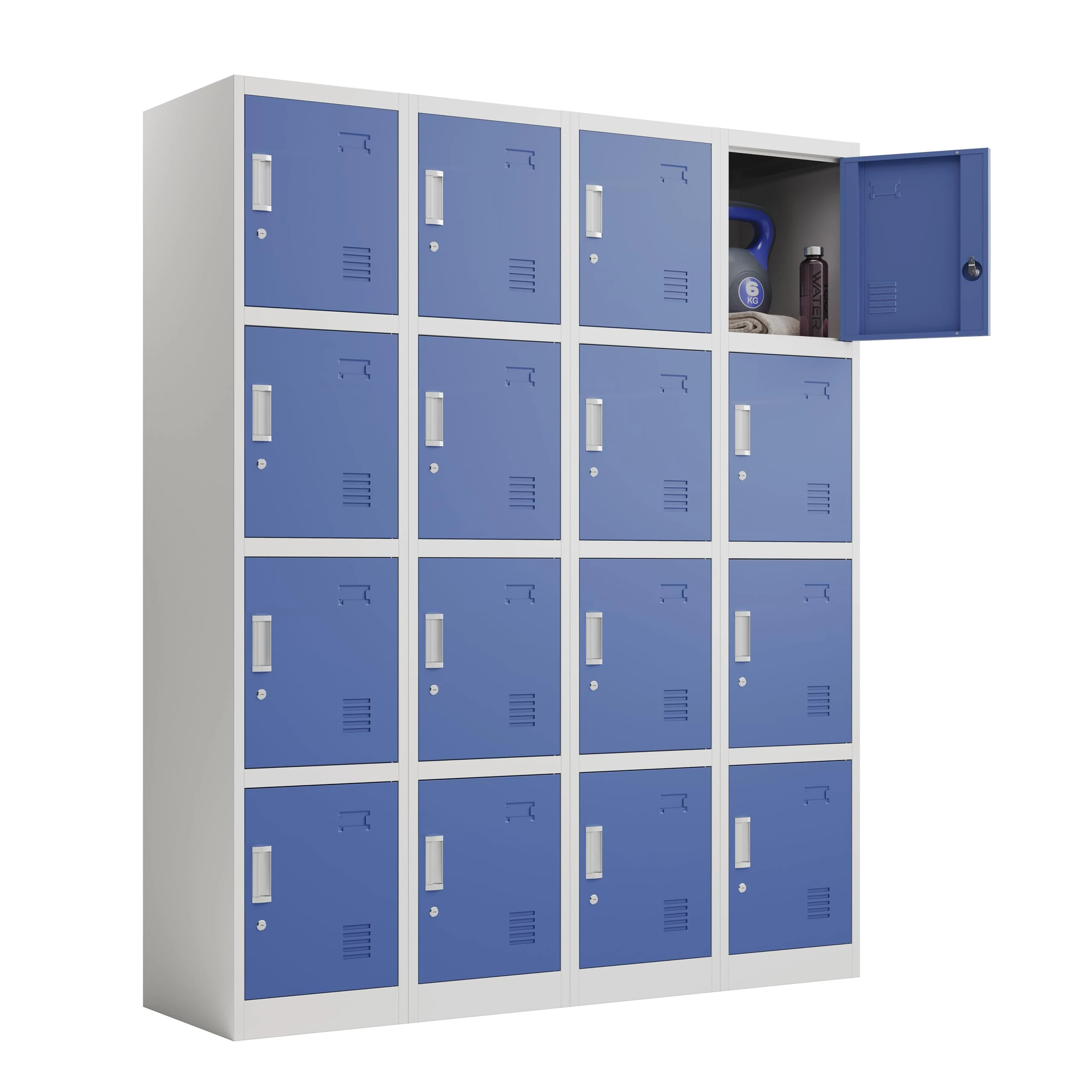 4 x 4 Door Metal Storage Lockers, Blue & Grey Steel Lockable Unit, Staff Gym School Changing 1850mm H x 380mm W x 450mm D