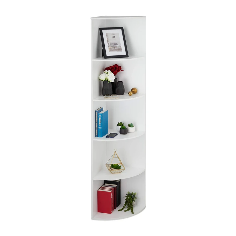 Relaxdays Corner Shelving Unit, 5 Tiers, Standing Bookcase, Deco, Plant, Living Room, Hallway, HxBxT: 180x57x40 cm White
