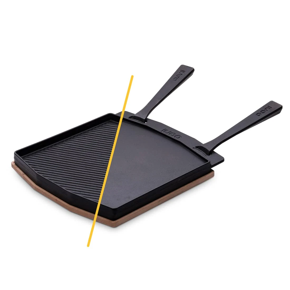 Ooni Cast Iron Dual-Sided Grizzler Plate - Reversible Cast Iron Griddle with Removable Handle and Bamboo Trivet - Pre-Seasoned Oven Safe Cookware - Pizza Oven and BBQ Accessories