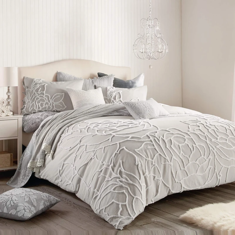 Peri Home 100% Cotton 3-Piece Comforter and Sham Set Bedding for Bedroom (Grey Chenille Rose, King) - Image 1