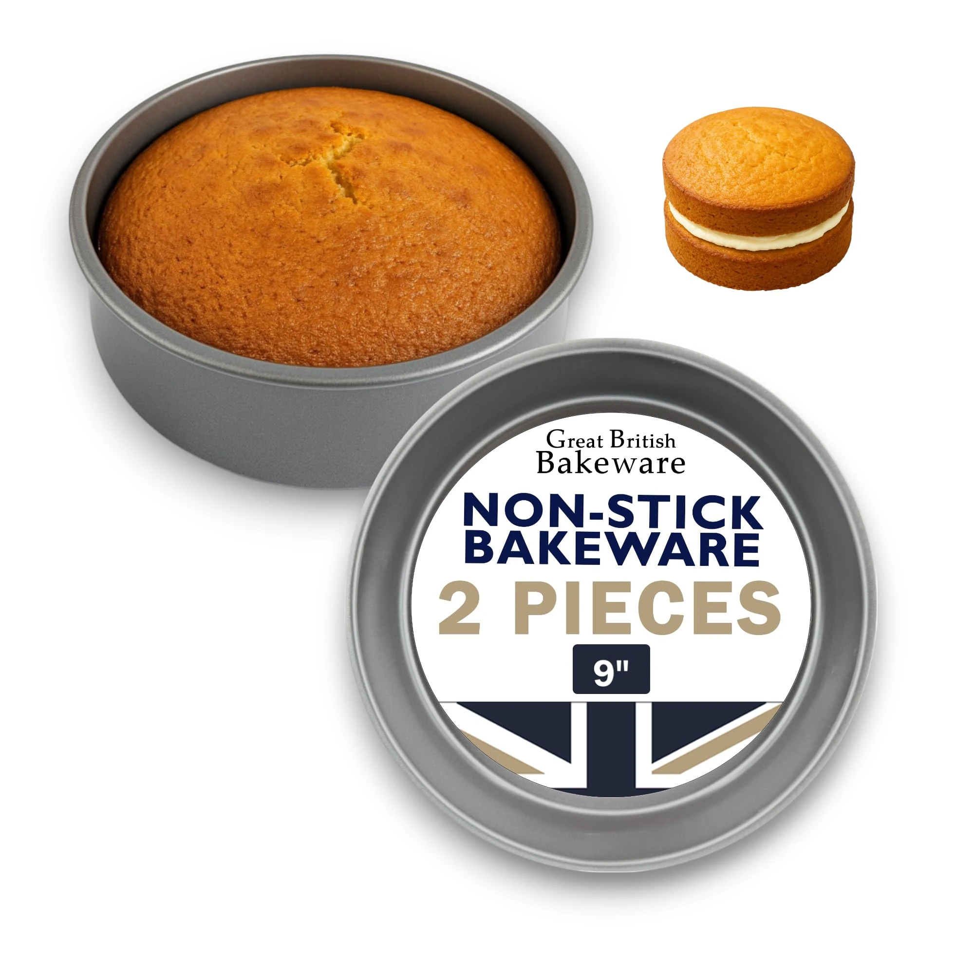 Great British Bakeware 2 Pack 9" Deep Superior Double Coated Non-Stick Victoria Sandwich Cake Tin, Baking, Oven Safe, Round Cake Tin, Fixed Base, PFOA & BPA Free Cookware, Made in England