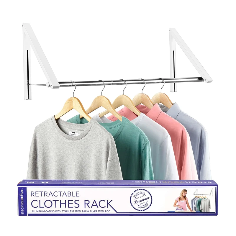 Stock Your Home Retractable Clothes Rack - Wall Mounted Folding Clothes Hanger Drying Rack for Laundry Room Closet Storage Organization, Aluminum, Easy Installation, 2 Racks with Rod (White)