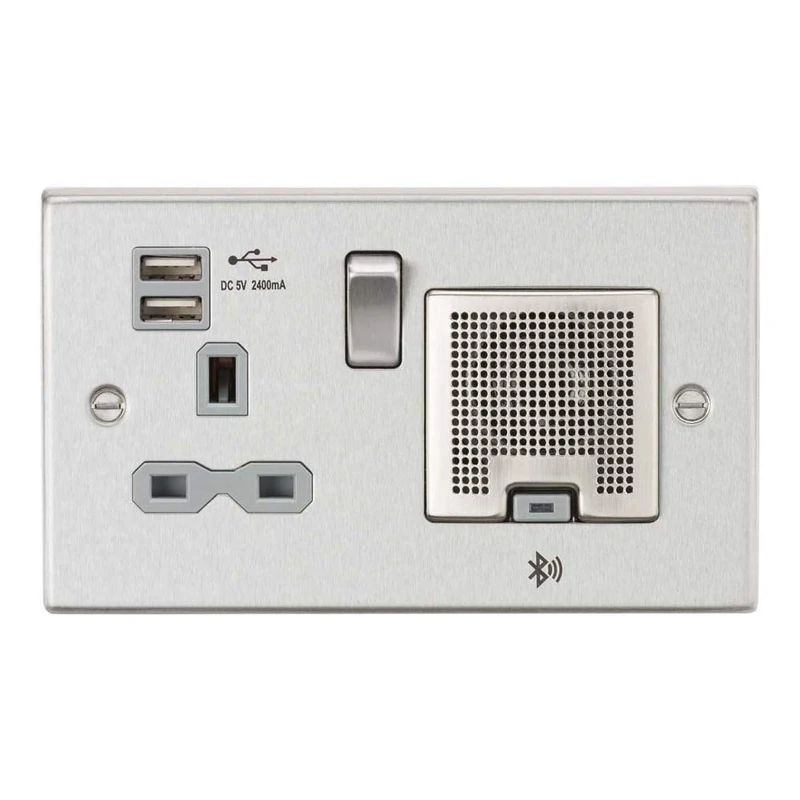 Knightsbridge CS9905BCG Socket, 2.4 A USB Chargers & Bluetooth Speaker, Square Edge Brushed Chrome with Grey Insert, 13 A