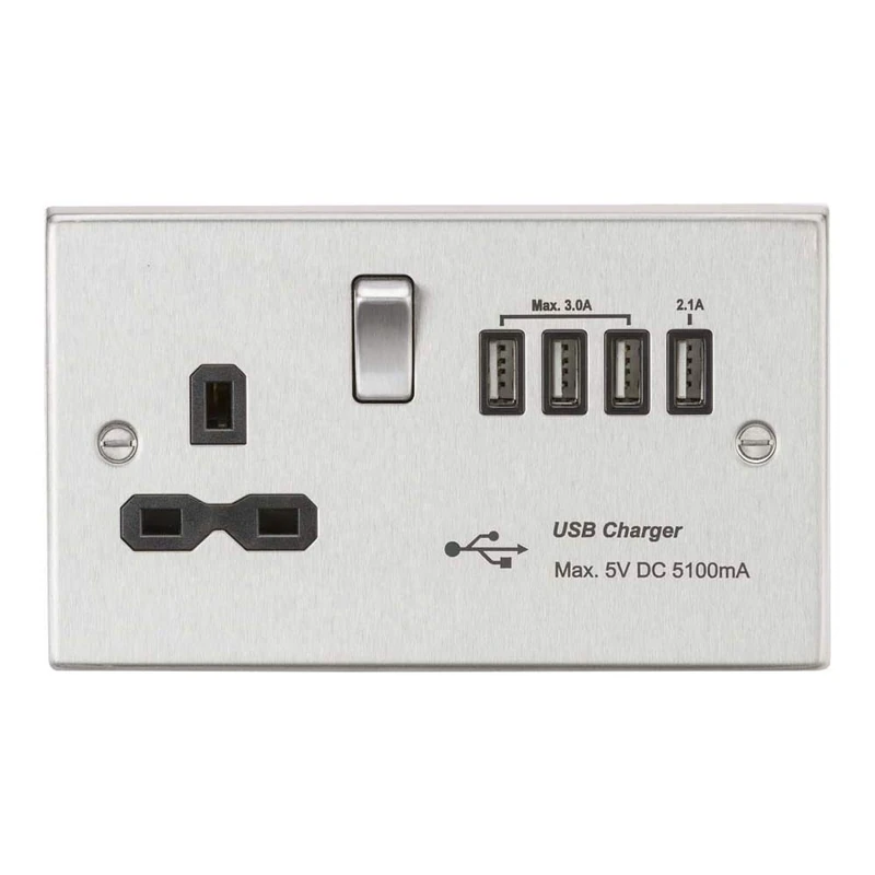 Knightsbridge CS7USB4BC Switched Socket with 5.1 A Quad USB Charger, Brushed Chrome with Black Insert, 13 A
