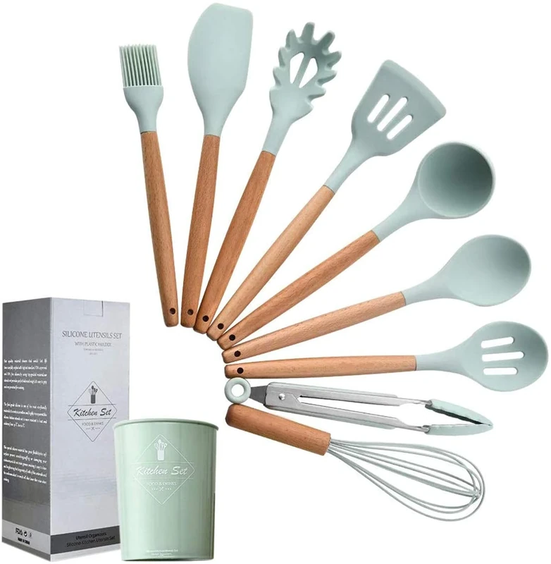 Zerobox Silicone Kitchen Utensil Set-9 Pieces Natural Wooden Handles Cooking Tools Turner Tongs Spatula Spoon for Nonstick Cookware, Mint Green