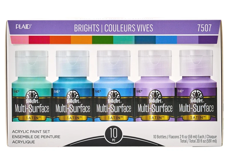 Plaid PE7507 Folk Art Multi-Surface Satin Acrylic Paint Set, 10 Pieces, brights - Image 1