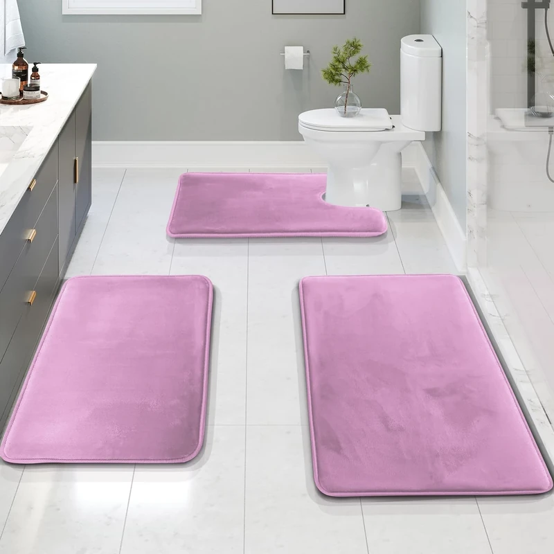 Clara Clark 3 Piece Bath Rugs & Mats Set, Velvet Memory Foam Bath Mats for Bathroom - Non-Slip, PVC Backing, Washable, Dries Quickly, Lavender