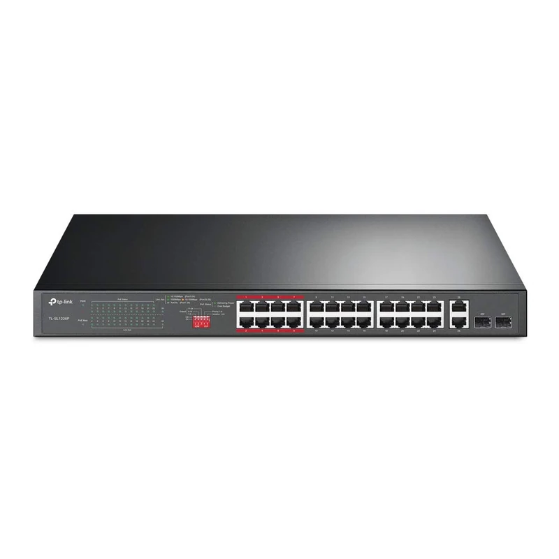 TP-Link 24-Port PoE+ 10/100 Mbps + 2-Port Gigabit Unmanaged Ethernet PoE Switch with 2 Combo Gigabit SFP slots (24 PoE+ Ports + 2 Gigabit RJ45 Ports + 2 SFP slots, 250W, Rackmount)(TL-SL1226P)