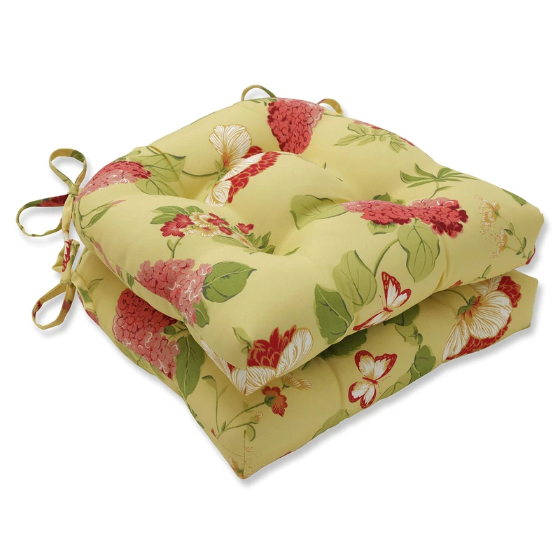 Pillow Perfect Bright Floral Indoor/Outdoor Chairpad with Ties Reversible, Tufted, Weather, and Fade Resistant, 15.5" x 16", Gold Risa Lemonade 2 Count