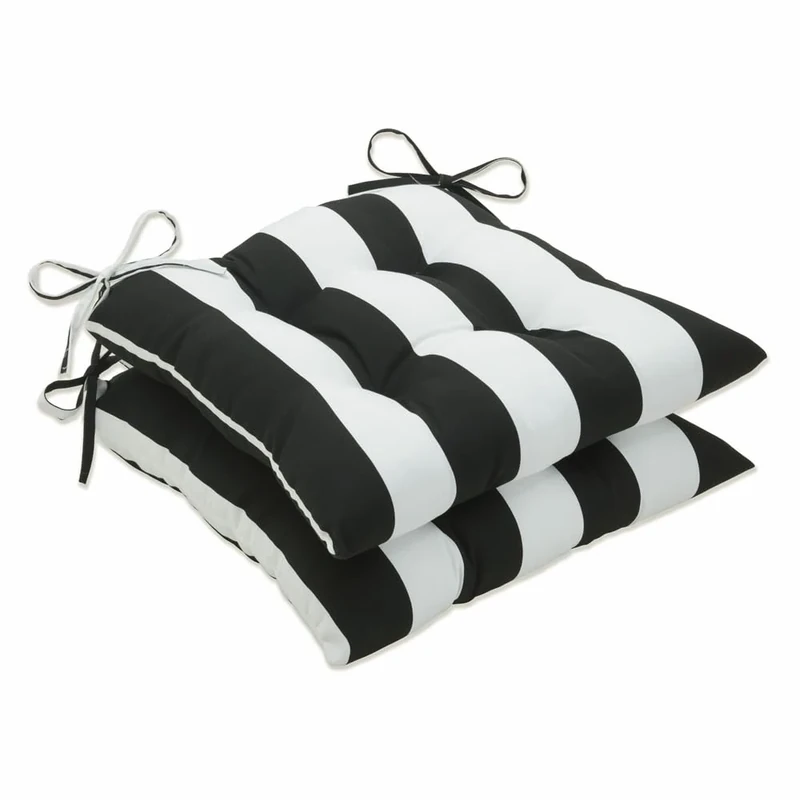 Pillow Perfect Outdoor | Indoor Cabana Stripe Black Seat Cushion (Set of 2), 19 X 18.5 X 5