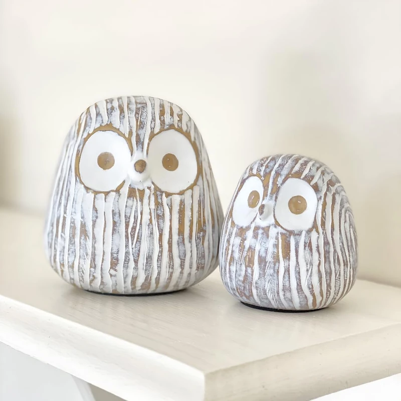 Huey House Chubby Night Owl Decor Statue Sculpture, Bookshelf Decor Accents, Boxed Set of 2 Rustic Brown & White (3⅛ & 4⅓ inches) Decorative Resin Figurines - Image 1