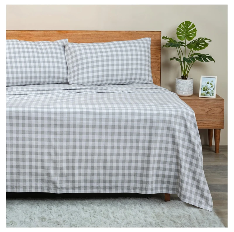 Ruvanti 100% Cotton Flannel Bedding Set Full Balance Check Grey Deep Pockets Warming Super Soft Breathable Moisture Wicking Flannel Flat Sheet Fitted Sheet 2 Pillow Cases