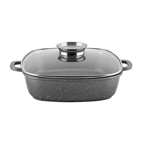 FLORINA Lava Aluminium Casserole Dish 3.5 L Square with Glass Lid and Handles Oven Safe with Aromatizer Contains No PFOA, Cadmium-Free, Lead-Free, Ideal for All Hobs