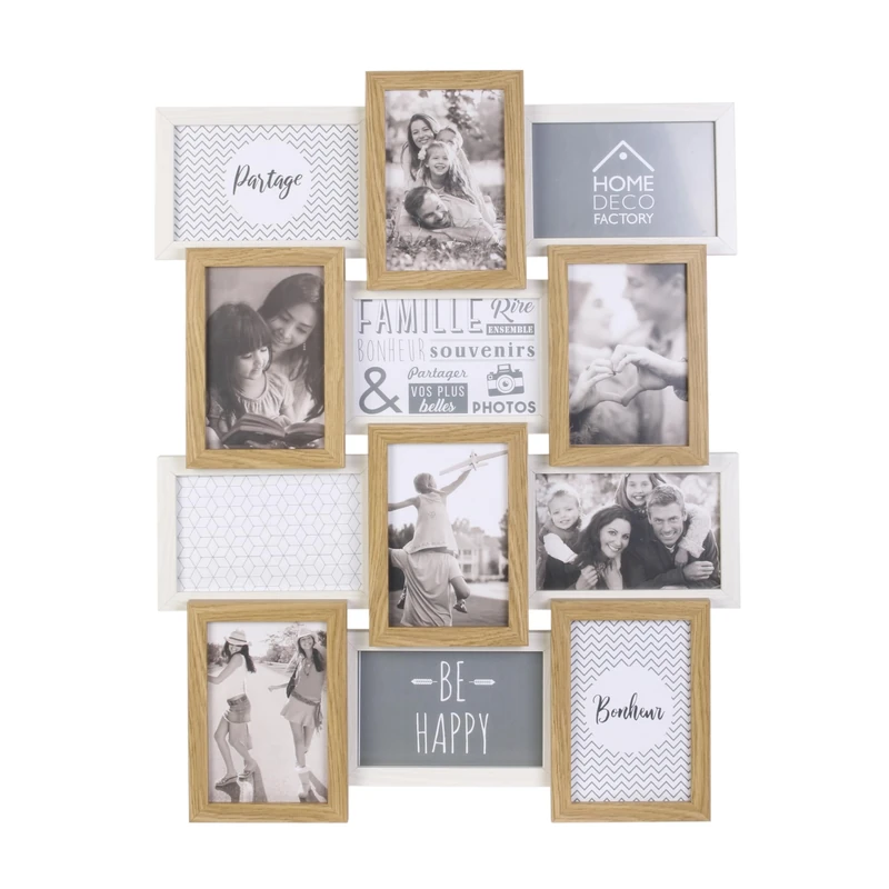 HOME DECO FACTORY HD4218 Pele-Mele Multi-Photo Frame for 12 Photos Wooden Souvenir, MDF Glass, Beige White, 44 x 3 x 58 cm