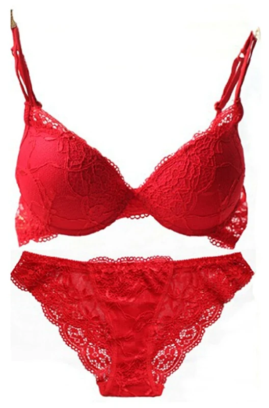SnowFox Women's Lumiere Lace Push Up Embroidery Bras Set Lace Lingerie Bra and Panties - (Red 34B)
