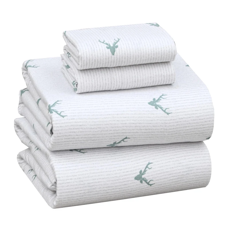 Ruvanti 4pcs Flannel Bedding Set 100% Cotton King Size Bed with Christmas Deer Deep Pockets Warm and Super Soft Breathable Moisture Wicking Flannel Flat Sheet Fitted Sheet and 2 Pillow Cases