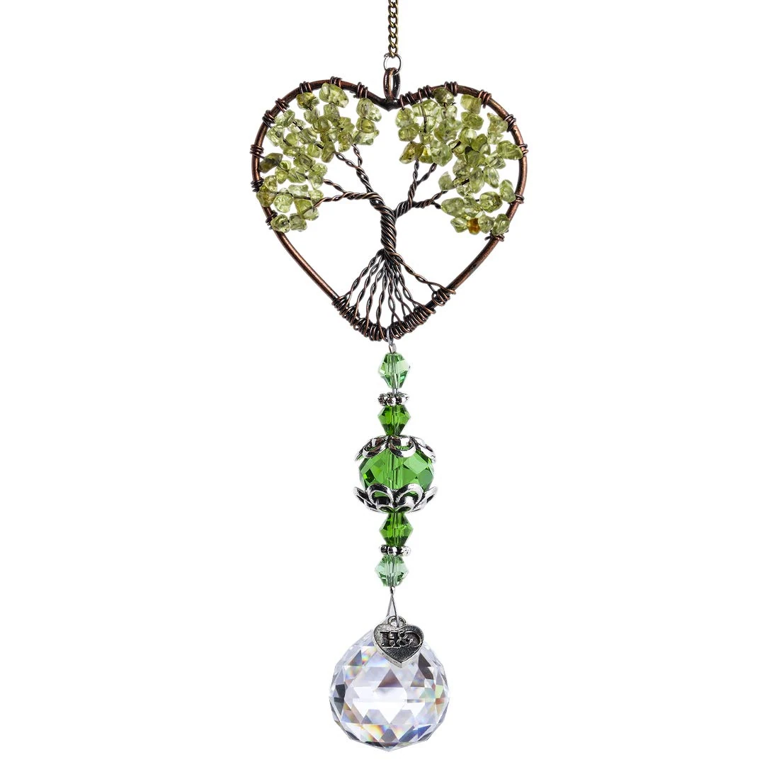 Glass Suncatcher Crystal Pendant Rainbow Maker Heart Shaped Life Tree Hanging Ornament Indoor Outdoor Decor, Green