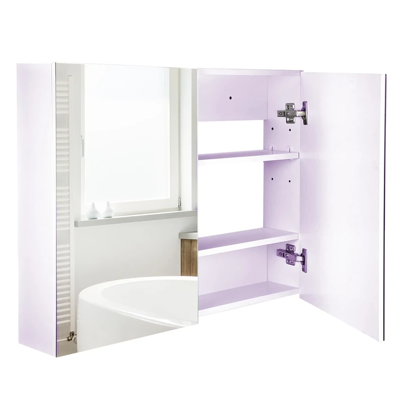 HOMCOM Double Door Wall Mounted Glass Mirror Cabinet Modern Storage Unit Bathroom Shelf Organiser Waterproof Wooden Frame 80W x 15D x 60H cm