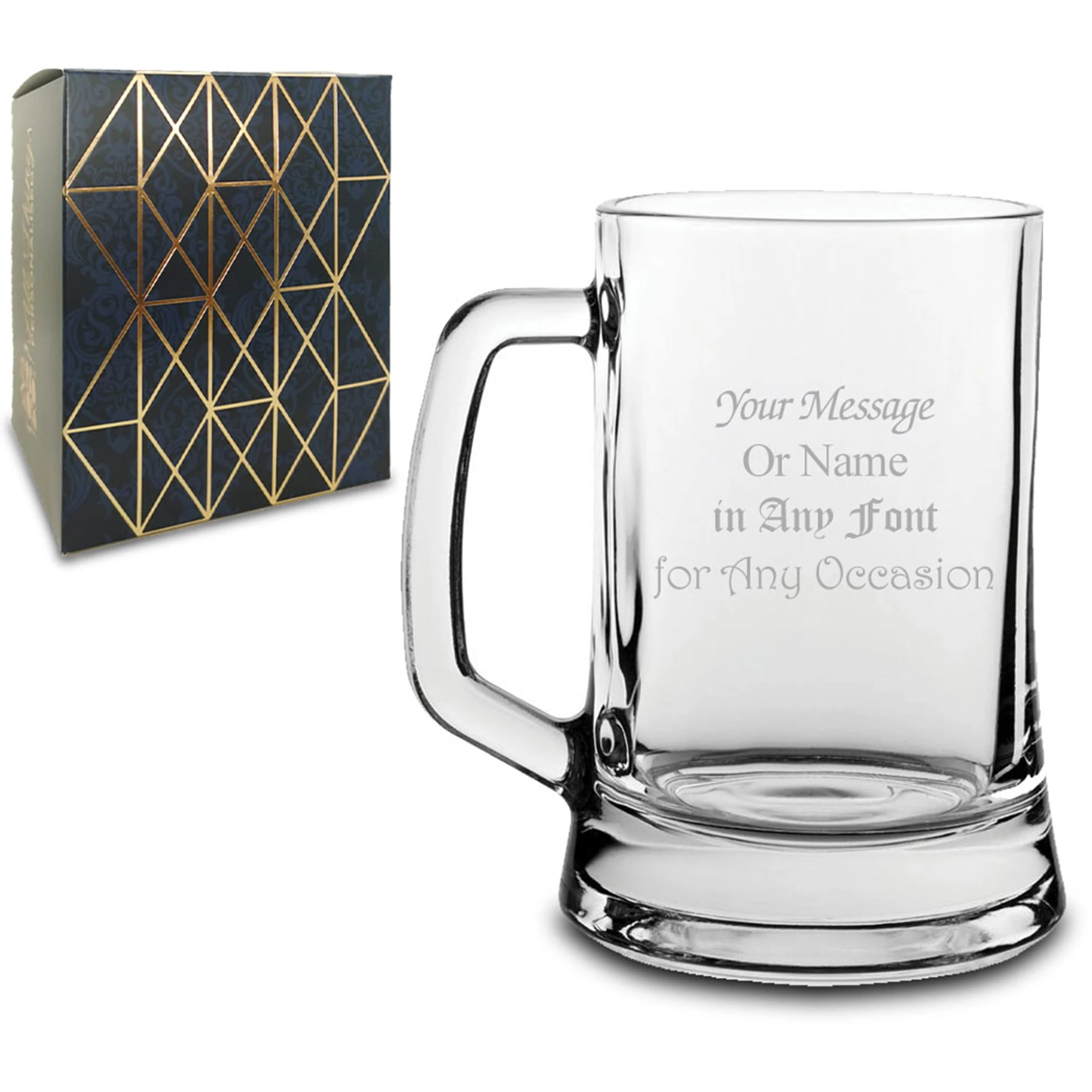 Personalised Engraved Glass Beer Stein, Personalise with Any Message for Any Occasion, Stylize with a Variety of Fonts, Laser Engraved, Gift Box Included