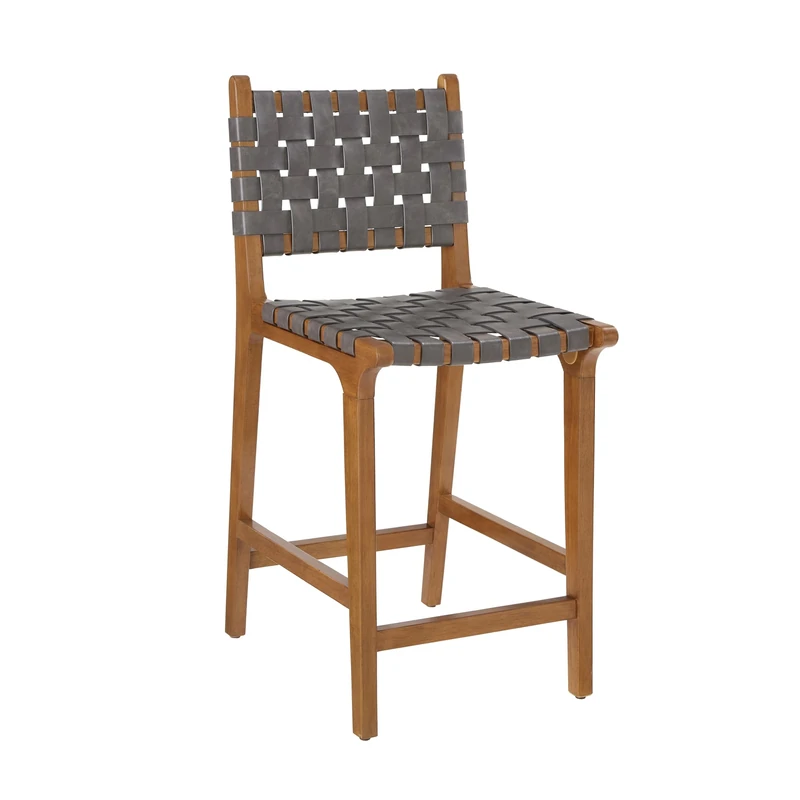 Ball & Cast Woven Counter Stool Kitchen Counter Height Barstool Backrest Wooden Weave Stool, Dark Grey Faux Leather