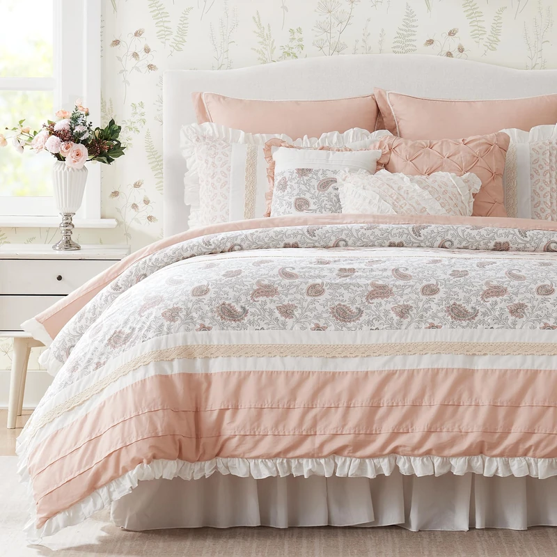 Madison Park All Season Down Alternative Bedding, Matching Shams, Bedskirt, Decorative Pillows, Cotton, Blush, King