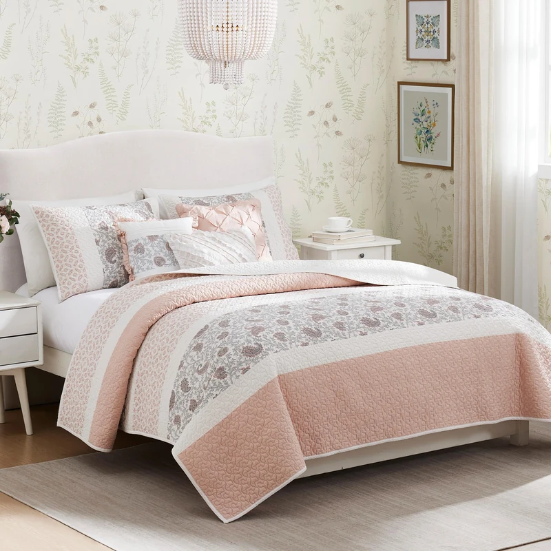 Madison Park 100% Cotton Quilt Set Floral Print, Double Sided Stitching, Dawn, Blush, King/Cal King(104"x94")