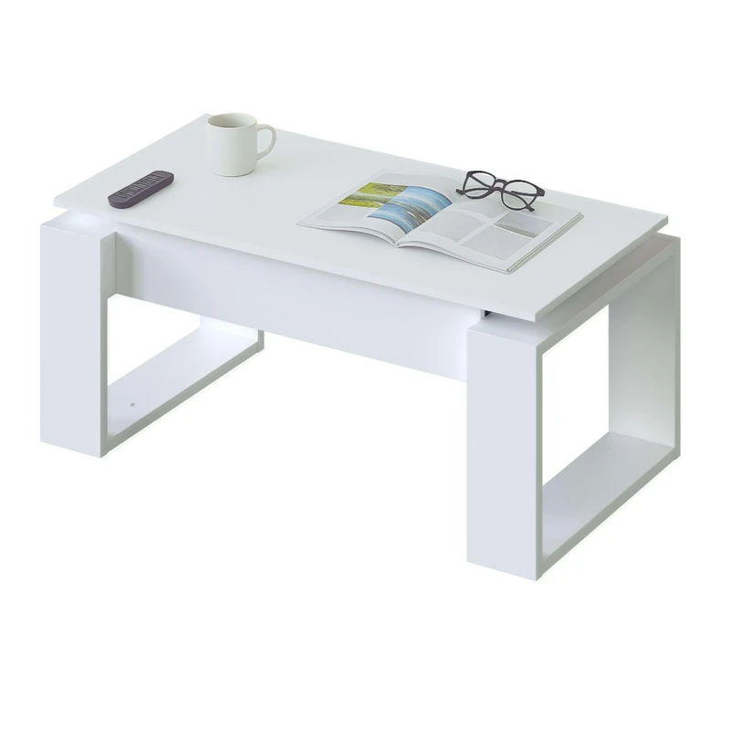 Raising Coffee Table, Living Room, Dining Table, Nova Model, Artik White Finish, Measurements: 105 cm (Length) x 55 cm (Width) x 45-54 cm (Height)