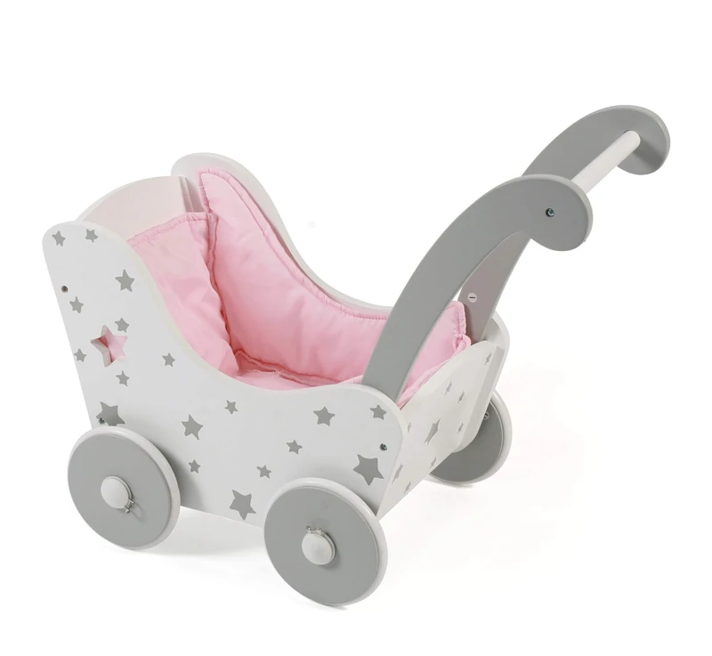 Bayer Chic 2000-425 95 - Wooden Doll's Pram for Baby Dolls up to 54 cm, Sliding Height 43 cm, Stars Grey