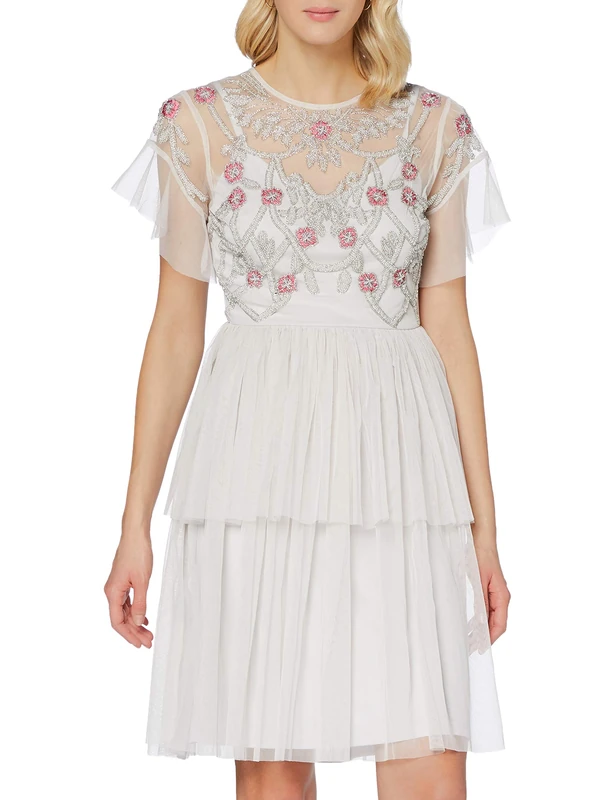 Frock and Frill Women's Kamri Embellished Knee Length Dress Formal Night, Light Grey, X-Small