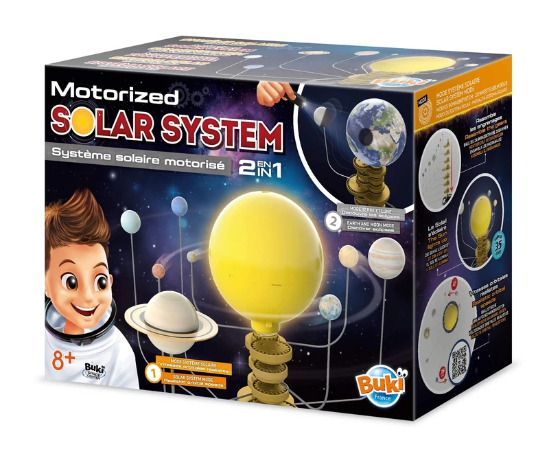 BUKI France Motorised Solar System – 2-in-1 STEM Toy for Kids Age 8+ | Light-Up Sun with Rotating Planets & Real Orbit Cycles | Learn About Eclipses Using Torch | Interactive Space Science Kit