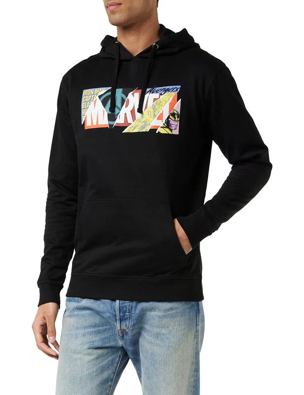 Marvel Men's Scrapbook Logo Hooded Sweatshirt, Black, L UK