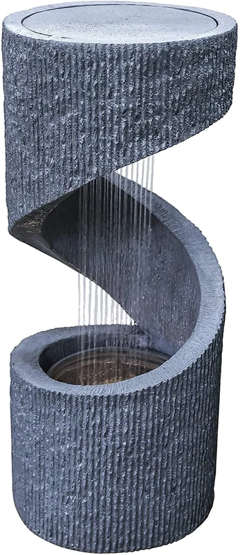 Ivyline Outdoor Spiral Water Feature in Light Grey - UV Stable, LED Lights & Durable - Lightweight Stylish Decorative Garden Fountain - H82cm x W35cm