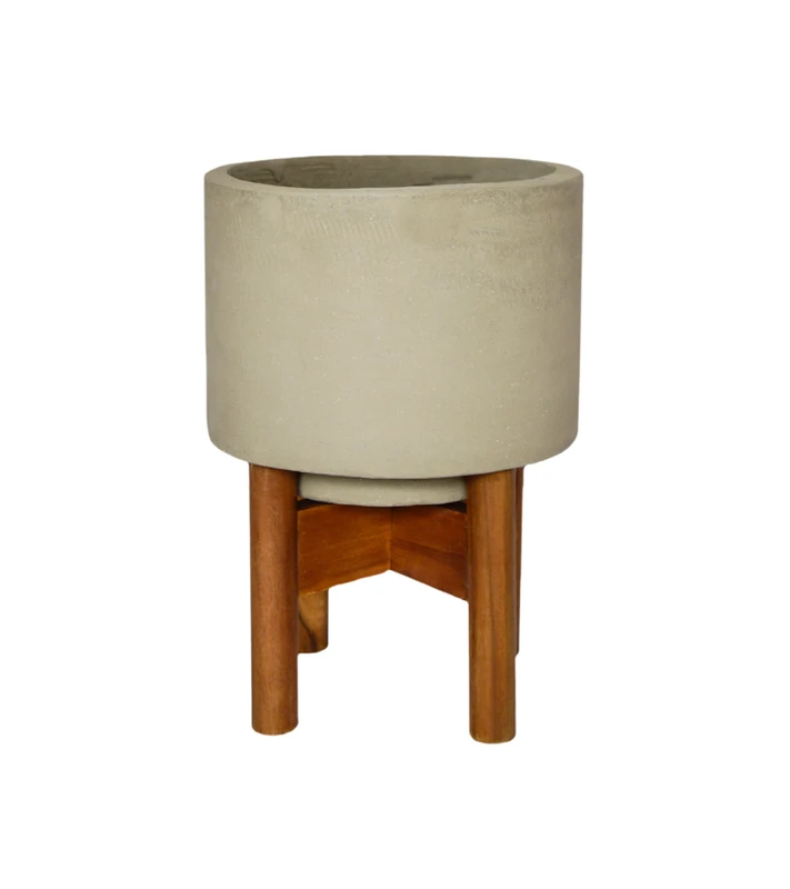Ivyline Vigo Round Grey Concrete Planter with Wooden Stand - Stylish & Waterproof - Durable Contemporary Decorative Indoor Flower Pot - H37cm x D28cm