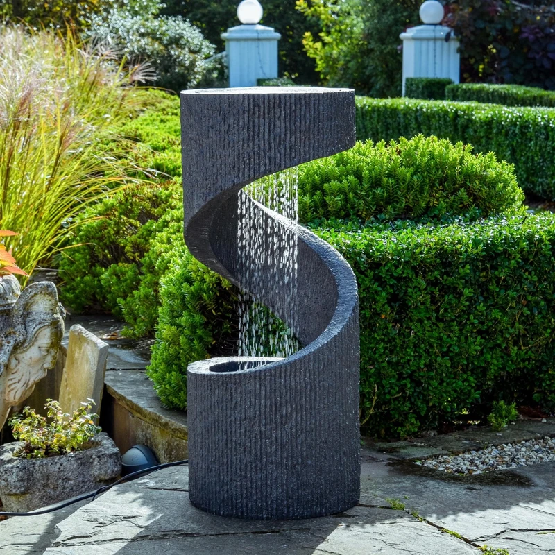 Ivyline Outdoor Spiral Water Feature in Granite - UV Stable, LED Lights & Durable - Lightweight Stylish Decorative Garden Fountain - H82cm x W35cm - Image 1