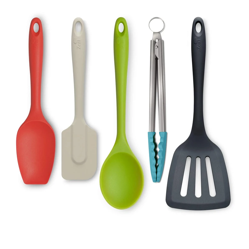 Zeal JSET45QB Non-Stick Silicone Tongs, Turner, Spatula Cook Spoon 5-Piece Set-Bright Mix