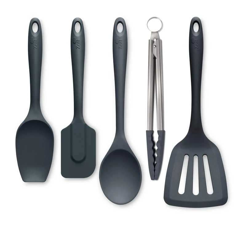 Zeal JSET45T Non-Stick Silicone Tongs, Turner, Spatula Cook Spoon 5-Piece Set-Dark Grey