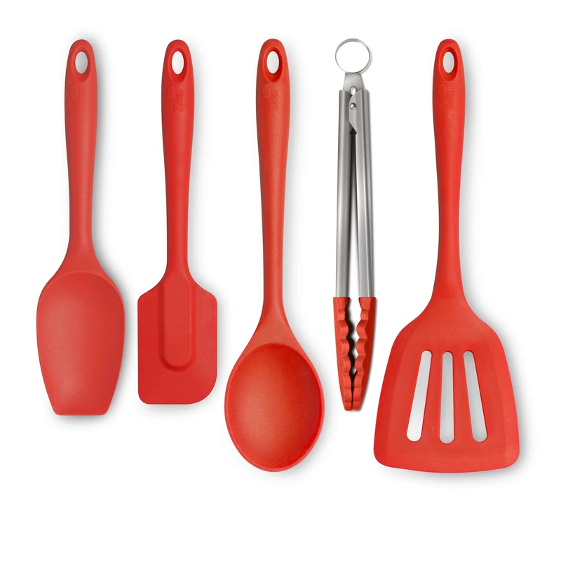 Zeal JSET45R Non-Stick Silicone Tongs, Turner, Spatula Cook Spoon 5-Piece Set-Red