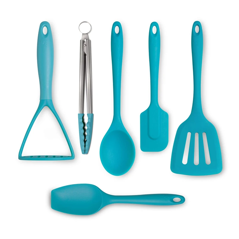 Zeal JSET46A Non-Stick Silicone Turner, Tongs, Masher, Spatula Cooks Spoon 6-Piece Set-Aqua