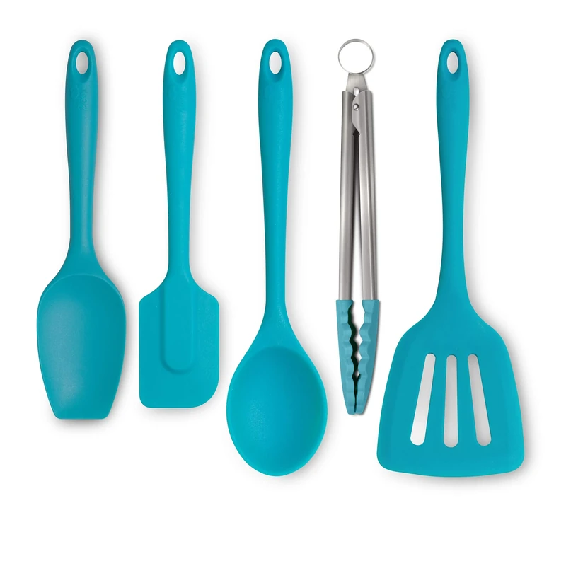 Zeal JSET45A Non-Stick Silicone Tongs, Turner, Spatula Cook Spoon 5-Piece Set-Aqua