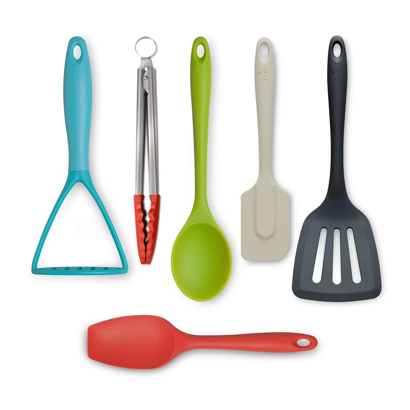 Zeal JSET46QB Non-Stick Silicone Turner, Tongs, Masher, Spatula Cooks Spoon 6-Piece Set-Bright Mix