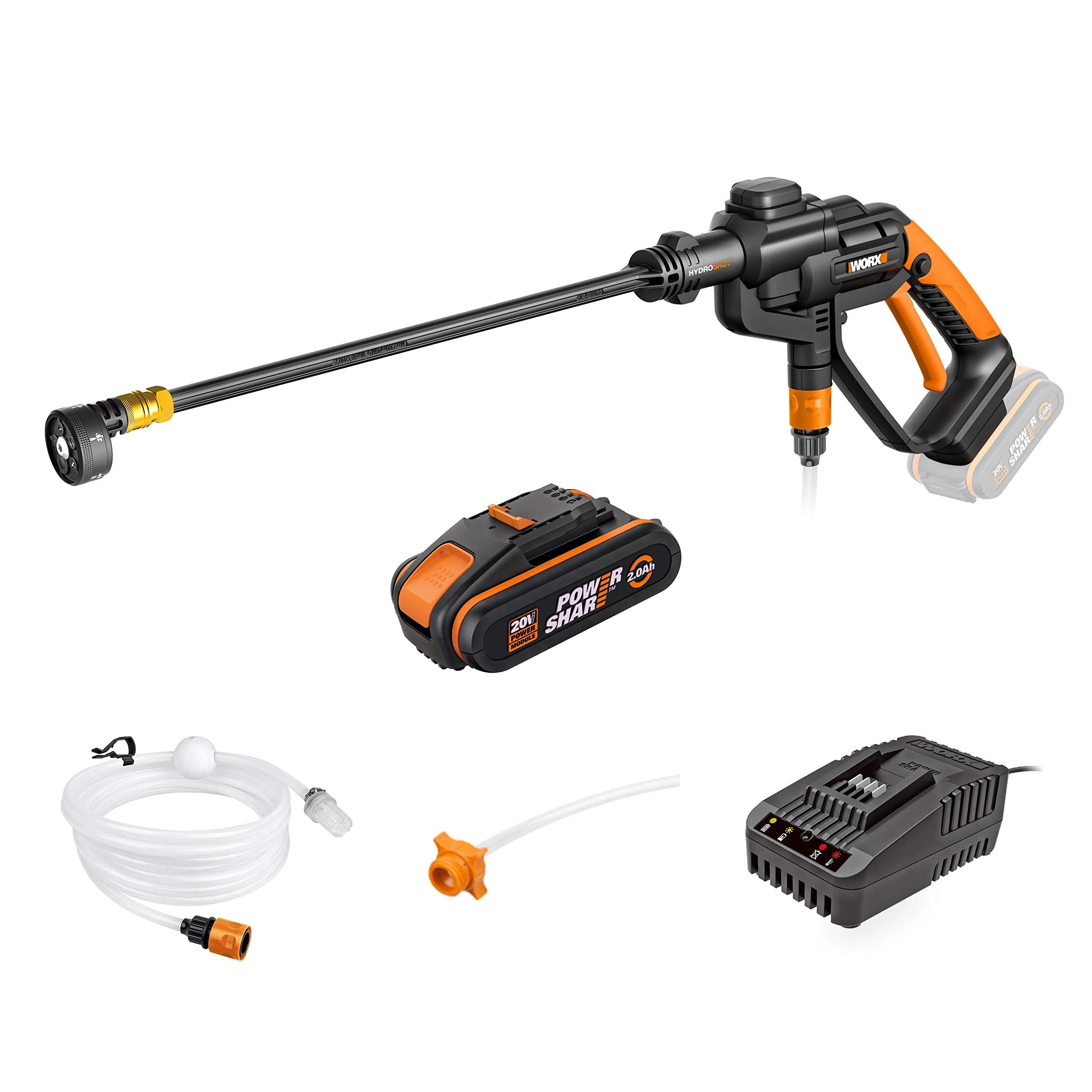 WORX 20V Cordless Pressure Washer Hydroshot WG620E.6, 22 Bar 120 L/H Compact Portable Pressure Cleaner with 2.0 Ah Battery, Fast Charger, PowerShare, Suitable for Car, Windows and Patio Cleaning