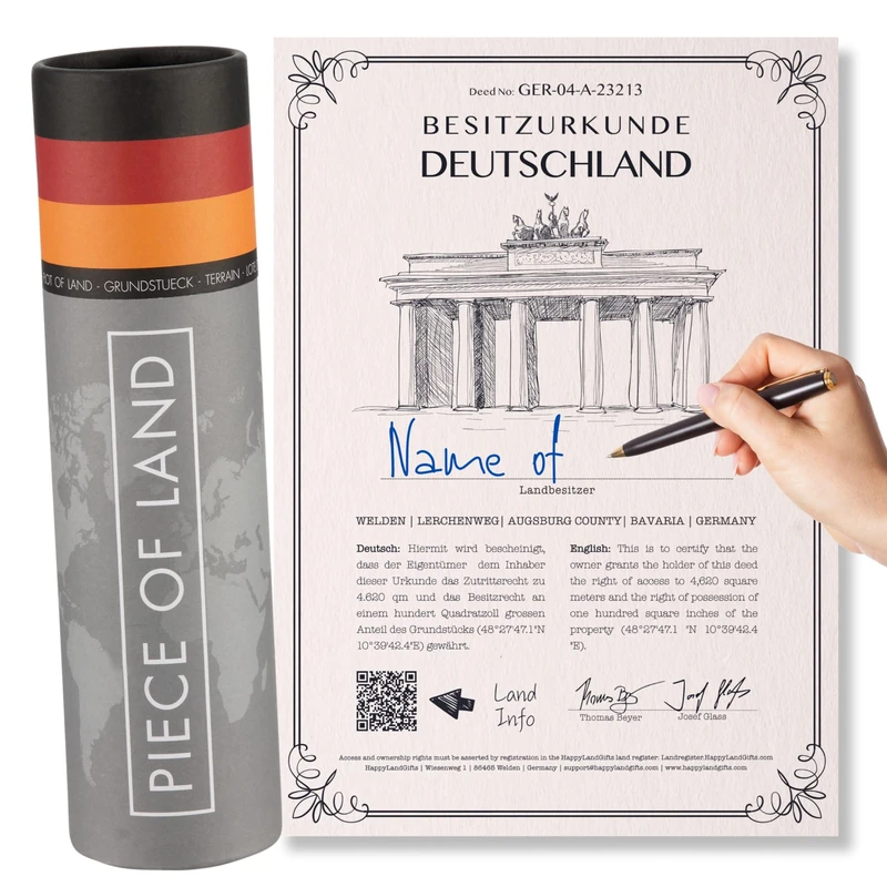 Piece of Land - Unique Gift from GERMANY – Sustainable, Unusual Gift for Family and Friends – Personalized Land Owner's Certificate – Special gifts for women and men - Plot of Land - Munich Berlin - Image 1