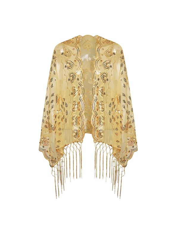 BABEYOND 1920s Sequined Peacock Shawl Wraps Fringed Evening Cape Wedding Bridal Shawl Scarf for Evening Dresses Party, Gold, One Size