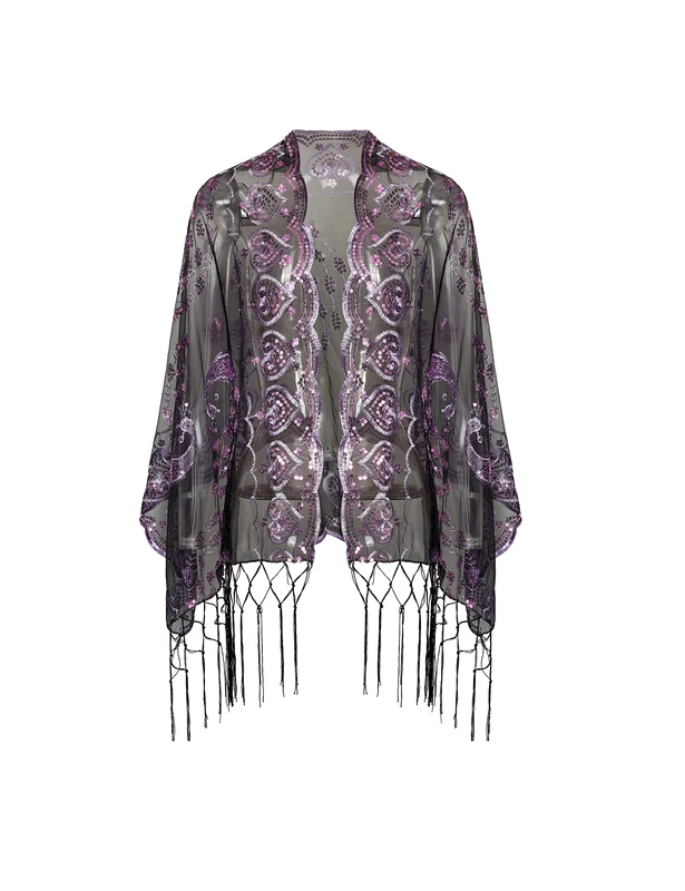 BABEYOND 1920s Sequined Peacock Shawl Wraps Fringed Evening Cape Wedding Bridal Shawl Scarf for Evening Dresses Party, Black Purple, One Size